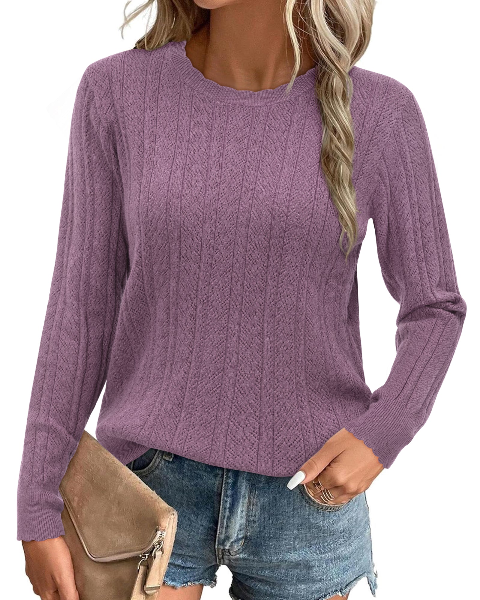 Arach&Cloz Scalloped-Cuff Crew-Neck Knit Top — product image 12