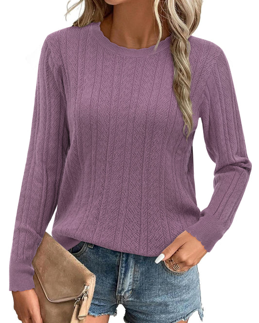 Summer Fall Scalloped Lace Cuff Crewneck Tops Textured Shirts