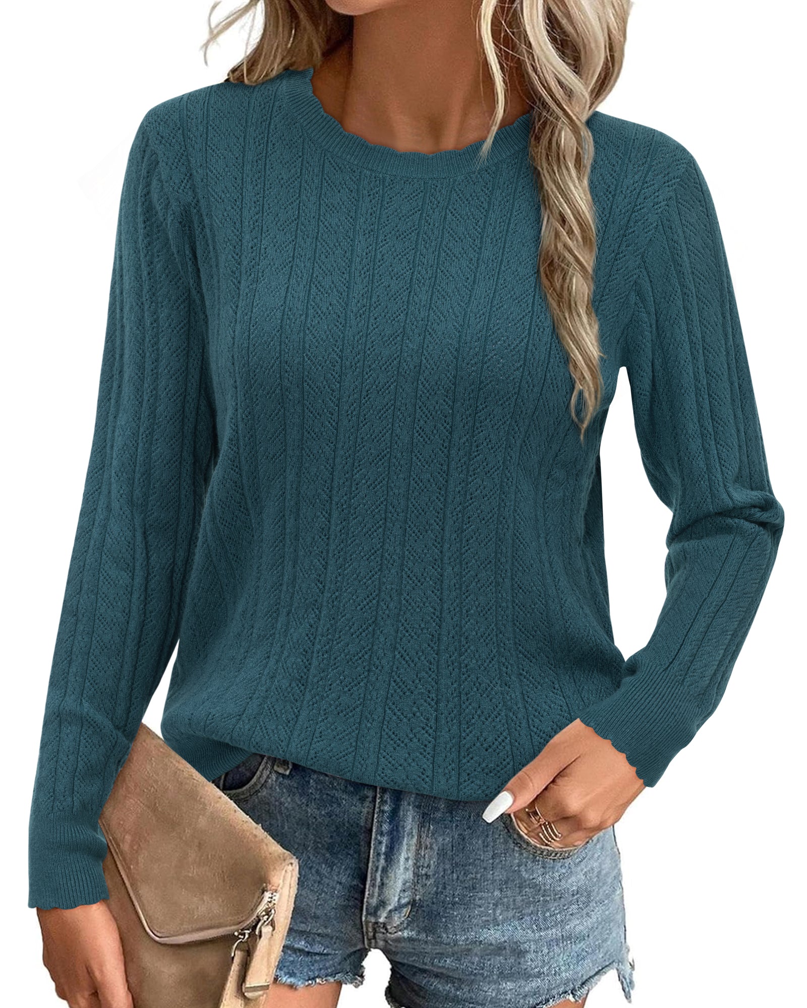Arach&Cloz Scalloped-Cuff Crew-Neck Knit Top — product image 18