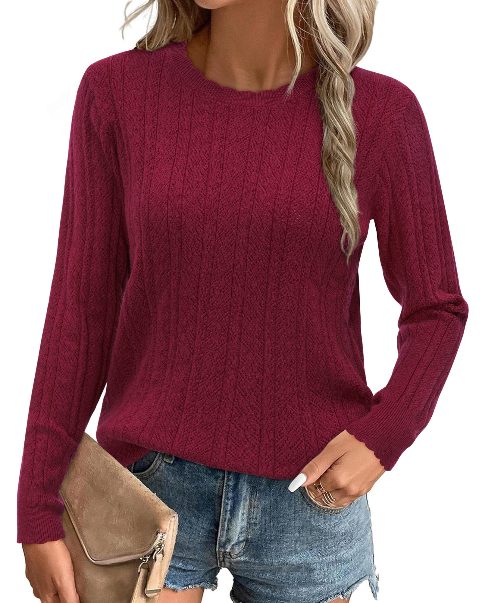 Arach&Cloz Scalloped-Cuff Crew-Neck Knit Top — product image 13