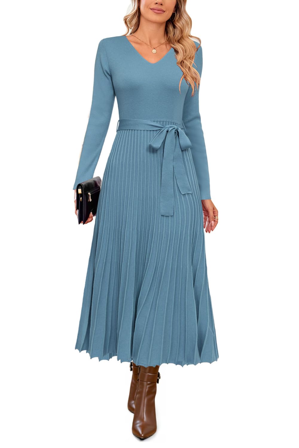 Arach&Cloz Women's Wool Blend Tie Waist Pleated Fall Sweater Dress 2025