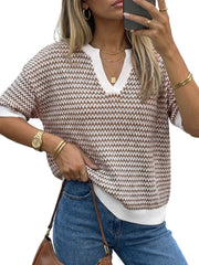 Arach&Cloz Women's 100% Cotton V-Neck Striped Short-Sleeve Polo Sweater (2026)