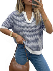Arach&Cloz Women's 100% Cotton V-Neck Striped Short-Sleeve Polo Sweater (2026)