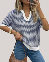 Arach&Cloz Striped 100% Cotton V-Neck Polo Knit Top