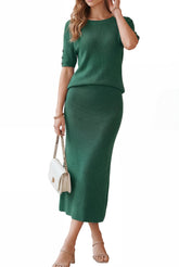 Arach&Cloz Wool-Blend Short-Sleeve Midi Two-Piece Set — product image 1