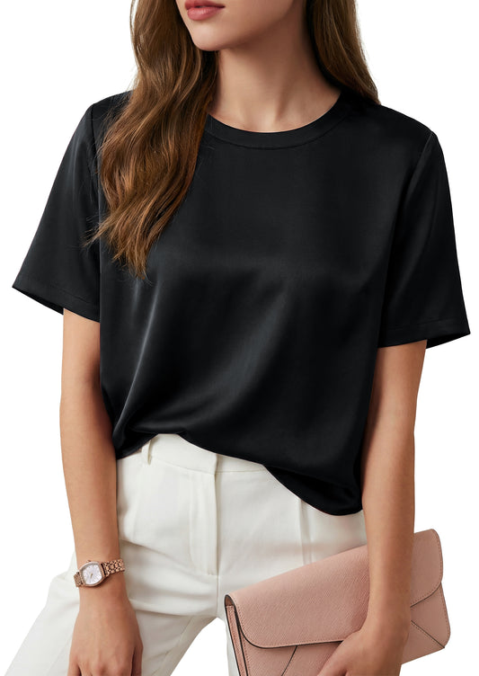 Arach&Cloz Women's Acetate Satin Crew Neck Loose Fit Blouse