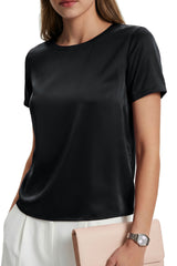 Arach&Cloz Women's Acetate Satin Crew Neck Loose Fit Blouse