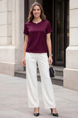 Arach&Cloz Women's Acetate Satin Crew Neck Loose Fit Blouse