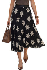 Arach&Cloz Women's Chiffon A-Line Elastic Waist Pleated Floral Skirt