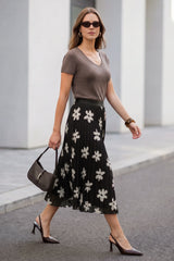 Arach&Cloz Women's Chiffon A-Line Elastic Waist Pleated Floral Skirt