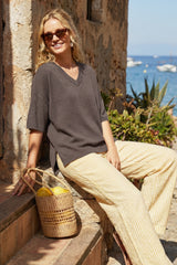 Arach&Cloz Women's Oversized Wool Blend Elbow-Sleeve Summer Sweater