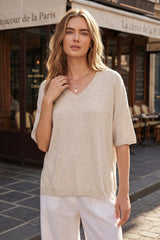 Arach&Cloz Women's Oversized Wool Blend Elbow-Sleeve Summer Sweater