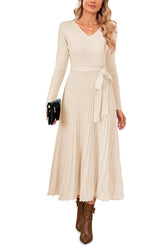 Arach&Cloz Wool-Blend Tie-Waist Pleated Dress — product image 9