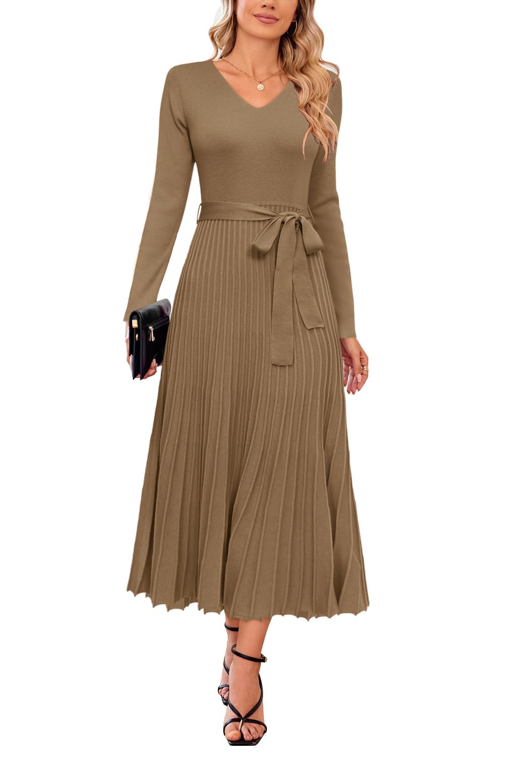 Arach&Cloz Women's Wool Blend Tie Waist Pleated Fall Sweater Dress 2025