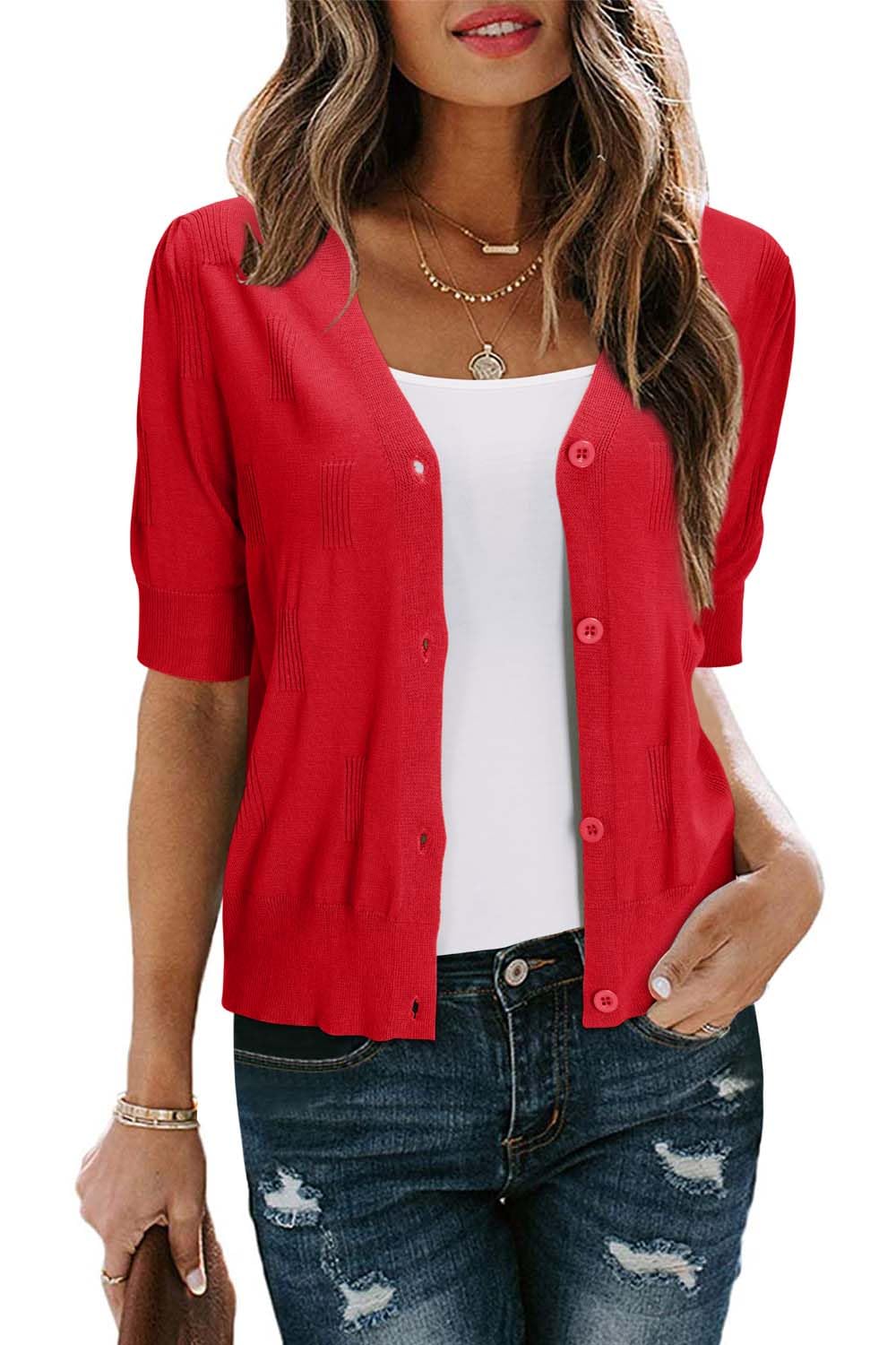 Arach&Cloz Women's Lightweight Summer Business Casual Cropped Short Sleeve Cardigan