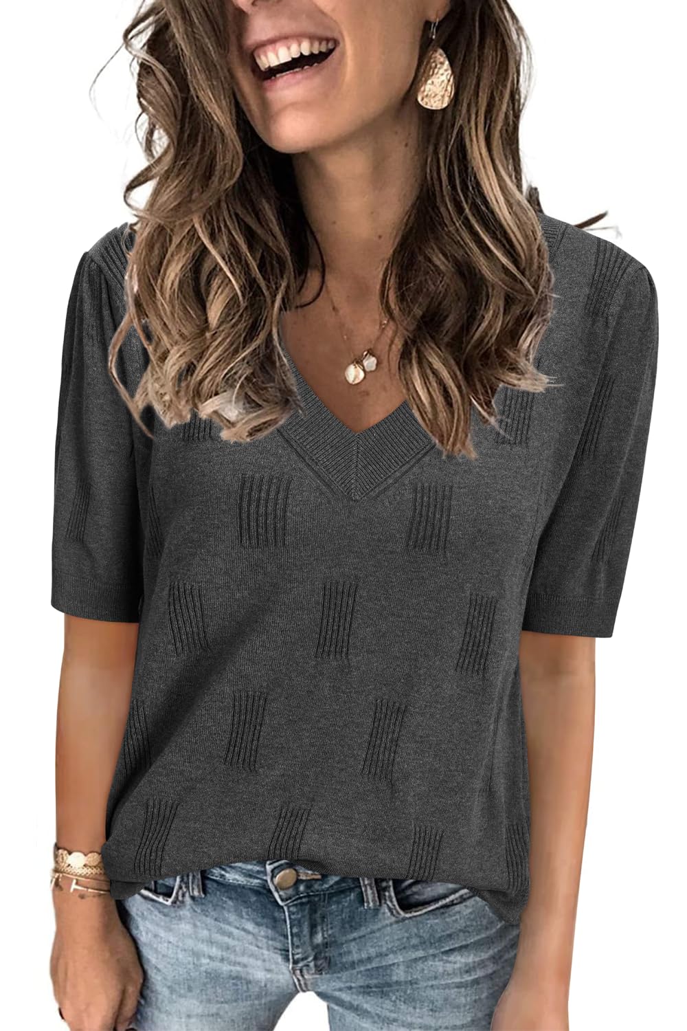 Arach&Cloz Women's Lightweight Fall Sweater Tops Casual Short Sleeve Blouses Shirts