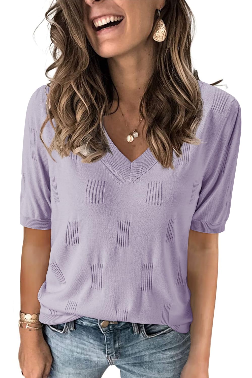 Arach&Cloz Women's Lightweight Fall Sweater Tops Casual Short Sleeve Blouses Shirts