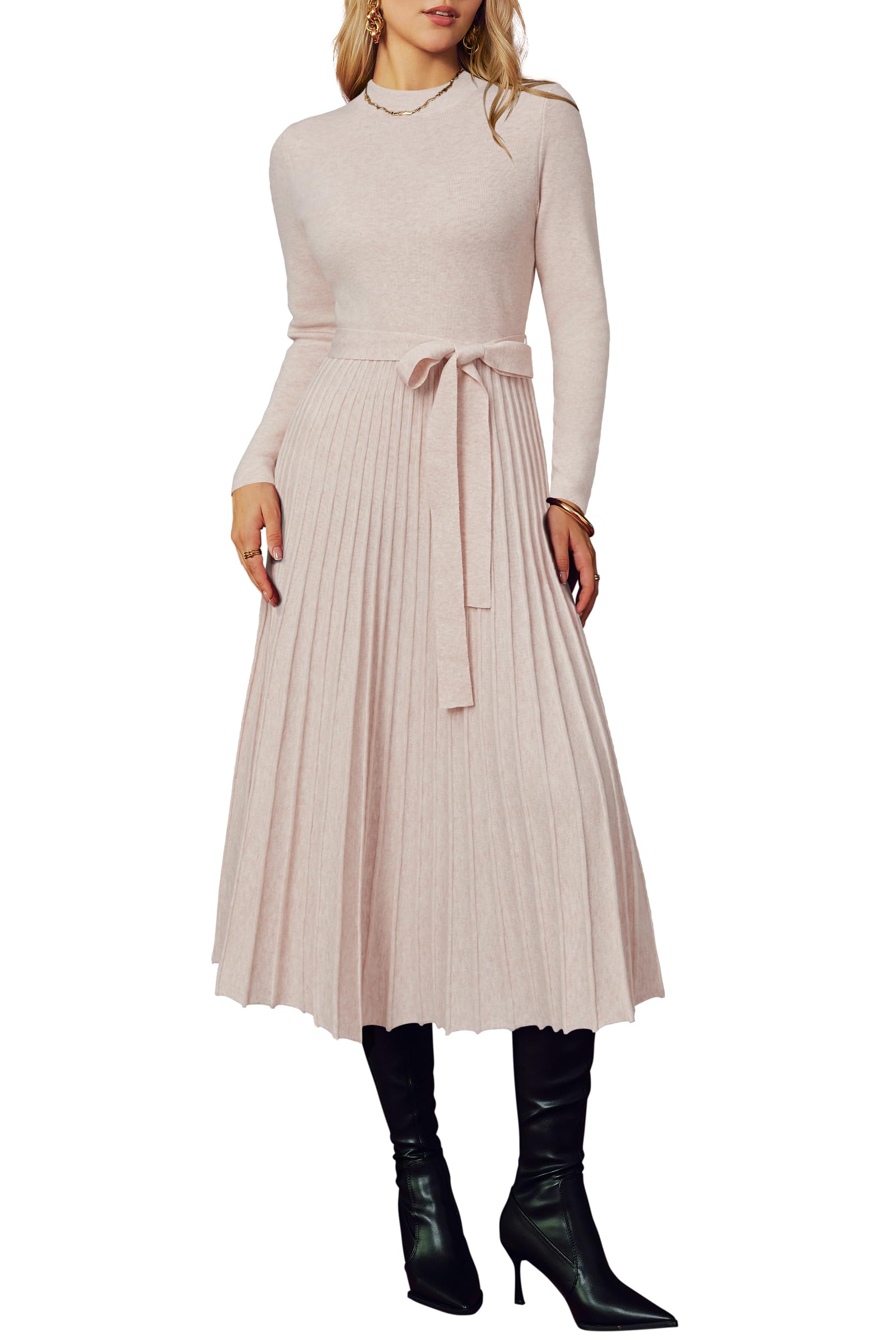 Arach&Cloz Women's Wool Blend Mock Neck Tie Waist Fall Winter Pleated Sweater Dress 2025