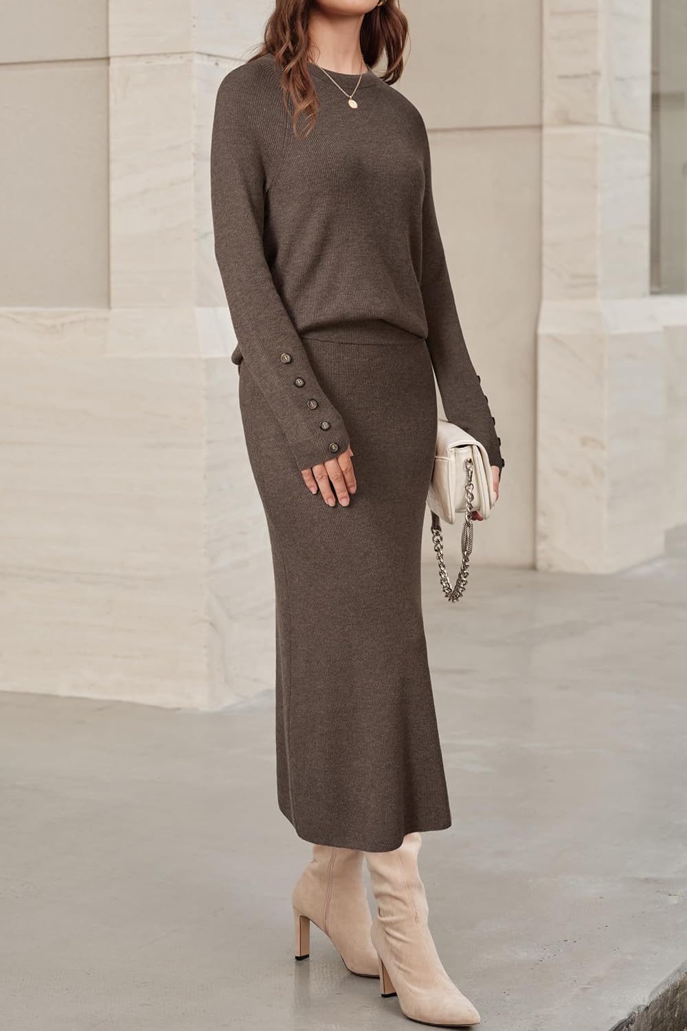 Arach&Cloz Women's Wool Blend Sweater 2 Piece Sets Winter Business Long Sleeve Top Midi Skirts Outfits 2025