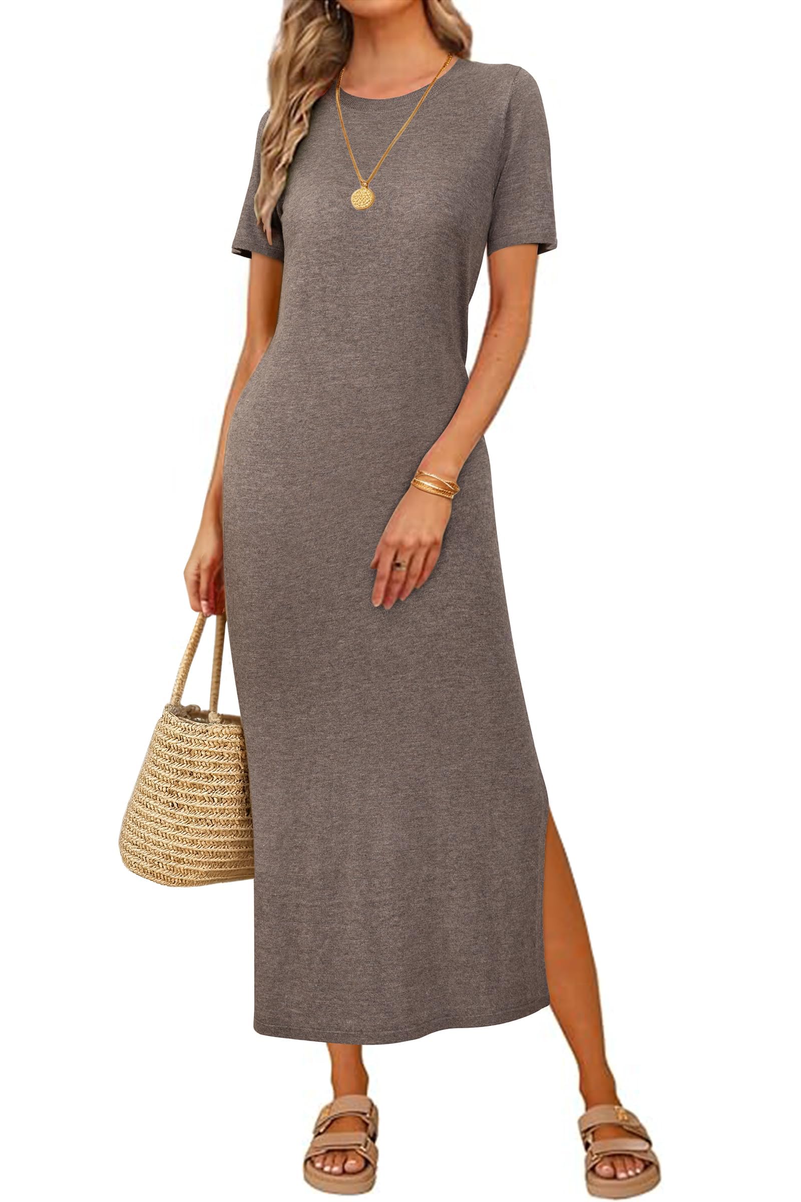 Arach&Cloz Women's Wool Blend Lightweight Fall Casual T Shirts Maxi Dress 2025