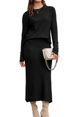 Arach&Cloz Women's Wool Blend Sweater 2 Piece Sets Winter Business Long Sleeve Top Midi Skirts Outfits 2025