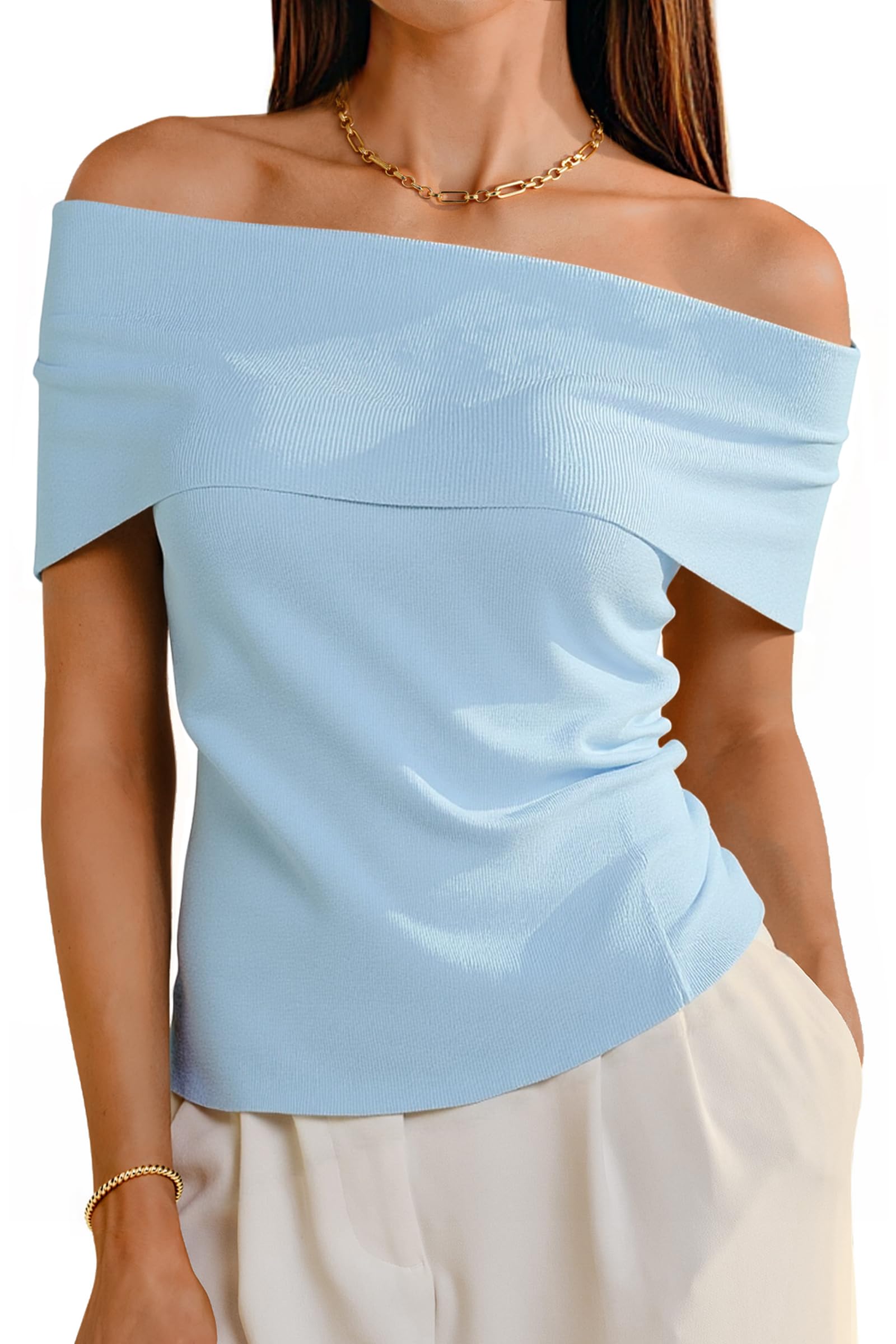 Arach&Cloz Women's Convertible Neckline Off-Shoulder Cowl Neck Slim Fit Tops 2025