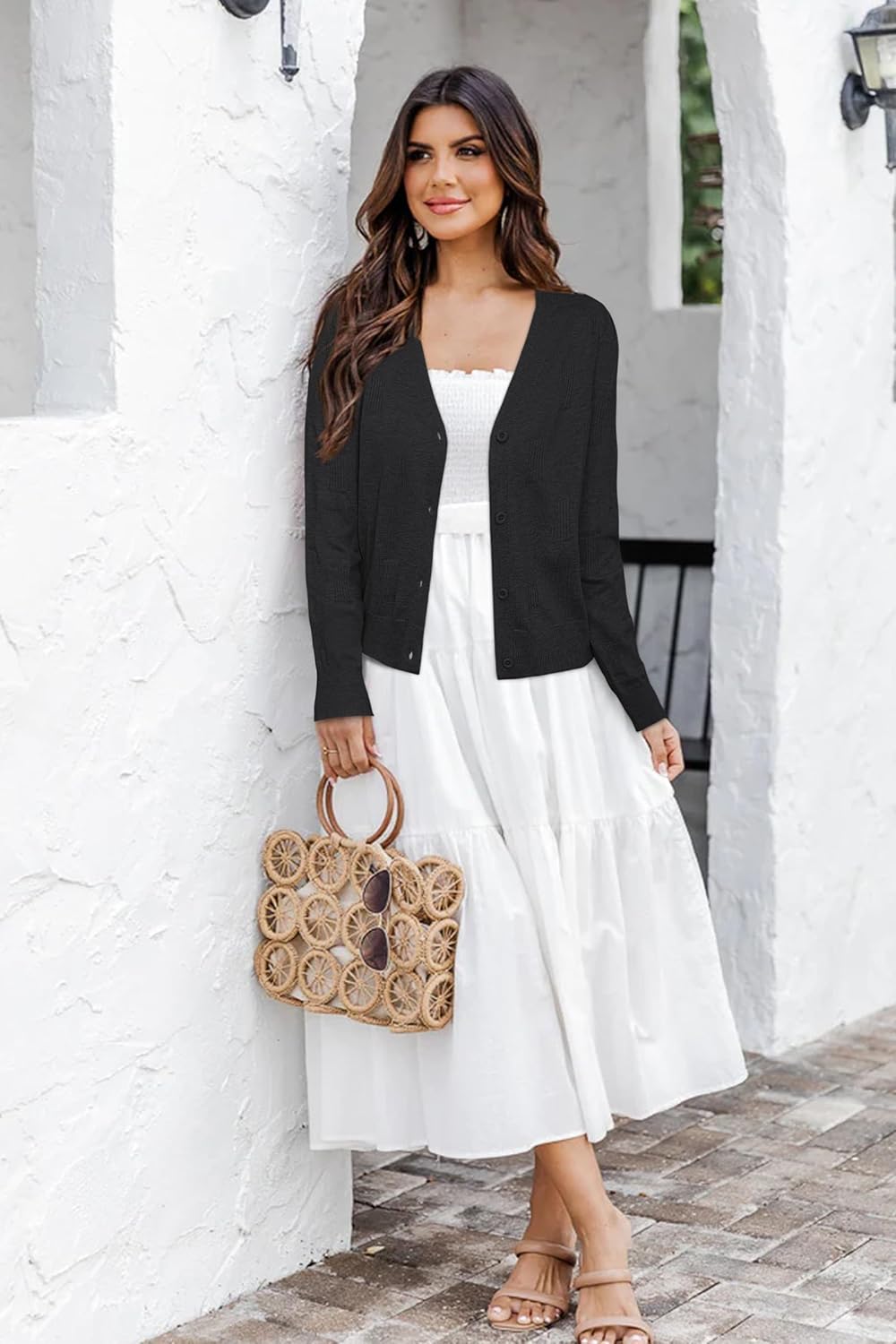 Arach&Cloz Women's Soft Cropped Cardigan Casual Lightweight Shrug Sweater Tops