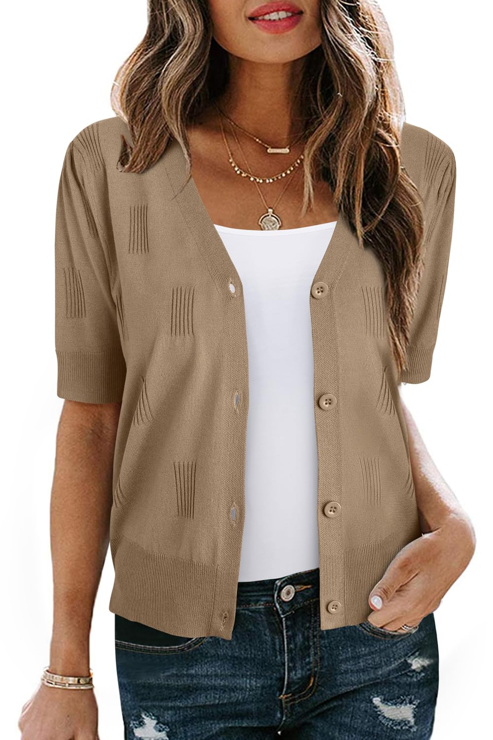 Arach&Cloz Women's Lightweight Summer Business Casual Cropped Short Sleeve Cardigan
