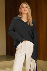 Arach&Cloz Women's Wool Blend Lapel Quarter Zip Fall Winter Trendy Casual Oversized Fit Sweater Top