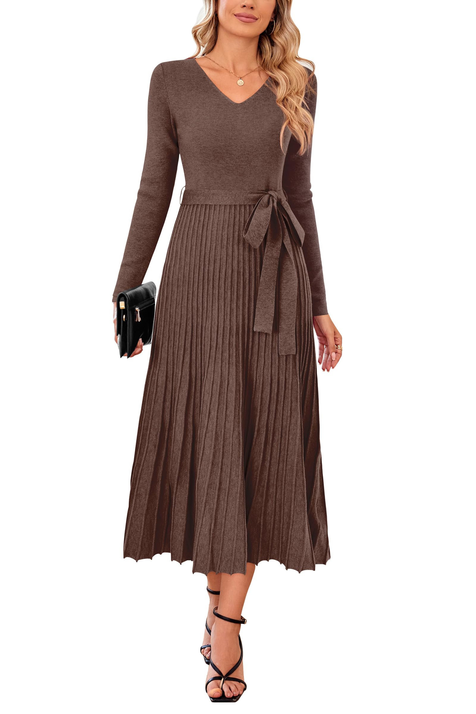Arach&Cloz Women's Wool Blend Tie Waist Pleated Fall Sweater Dress 2025