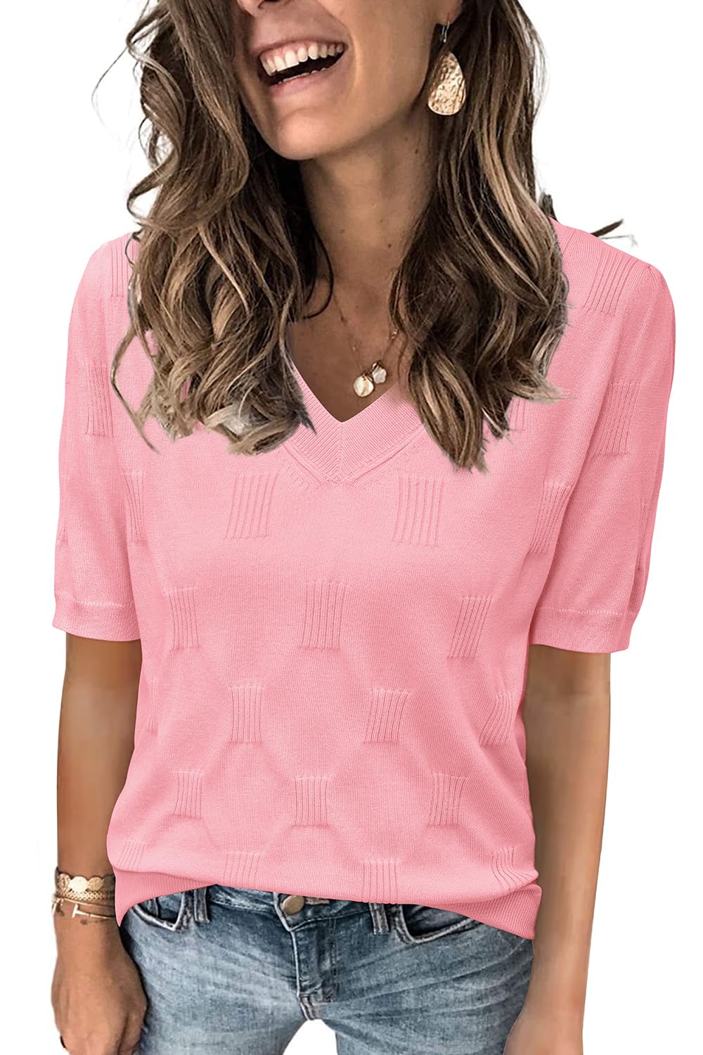 Arach&Cloz Women's Lightweight Fall Sweater Tops Casual Short Sleeve Blouses Shirts