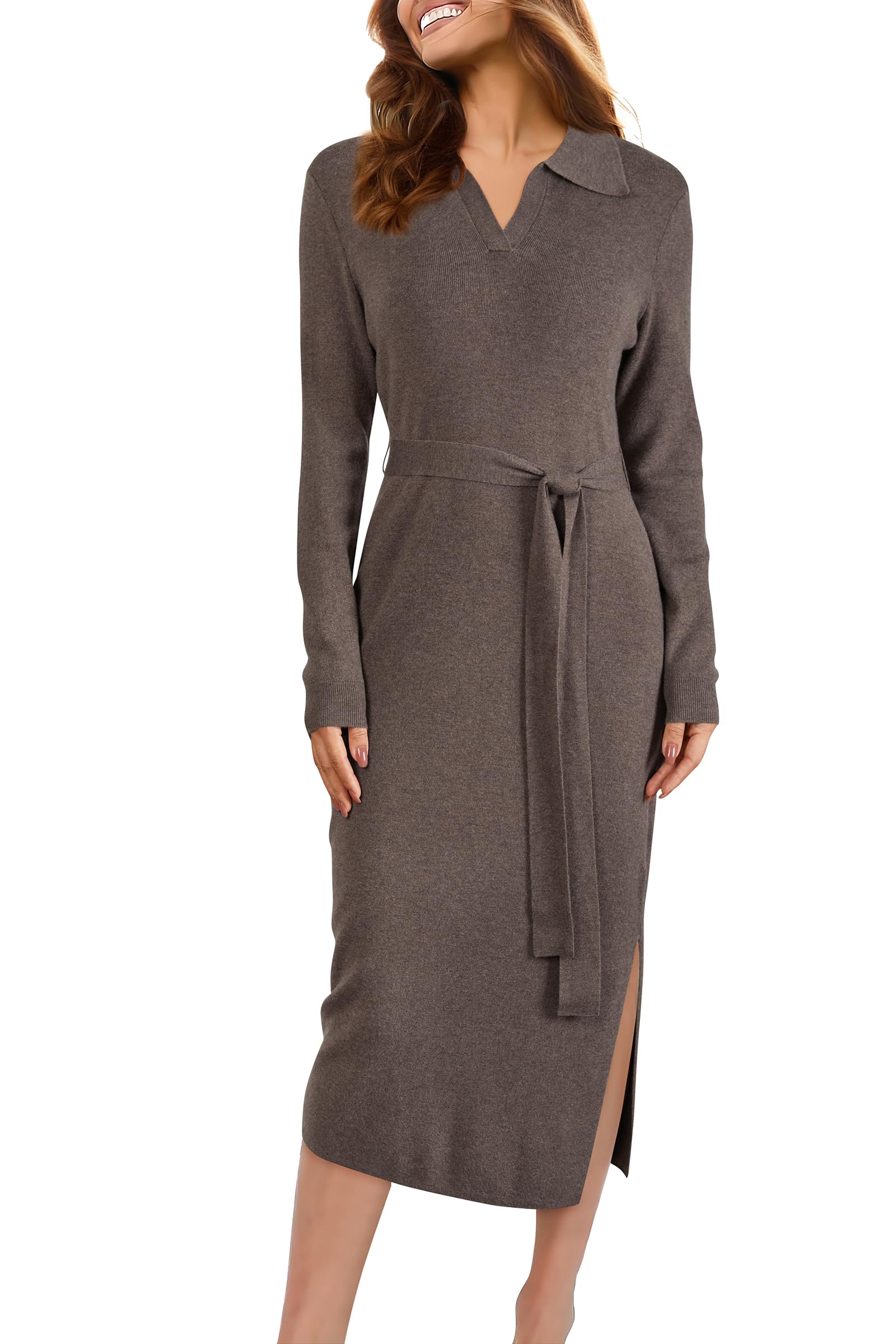 Arach&Cloz Women's Wool Blend Side Slit Polo Sweater Dresses 2025 Fall Business Casual Outfits