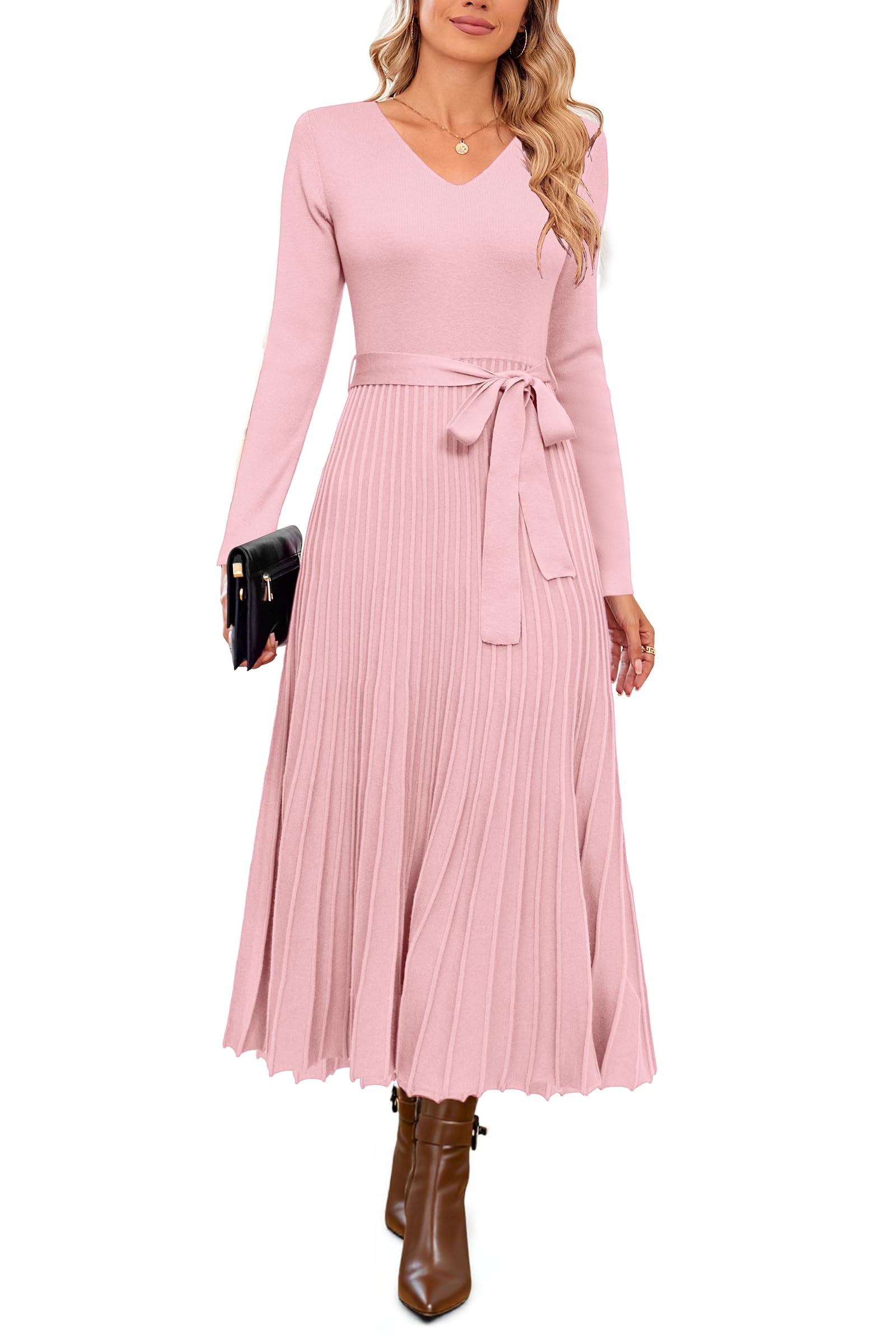 Arach&Cloz Women's Wool Blend Tie Waist Pleated Fall Sweater Dress 2025