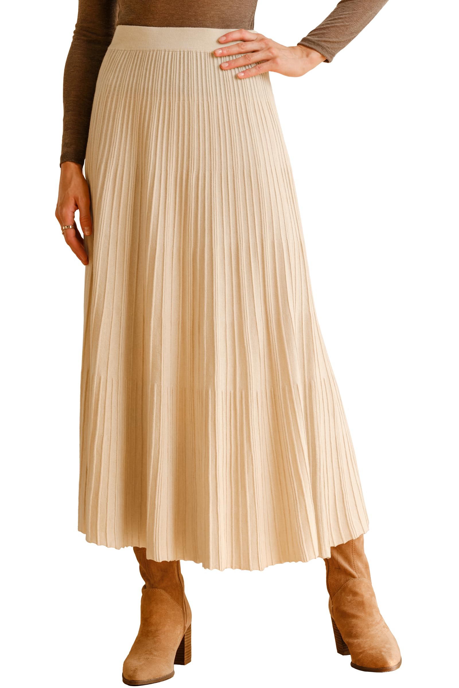 Arach&Cloz Women's Wool Blend Wide Elastic Band A-Line Pleated Flowy Long Skirts 2025