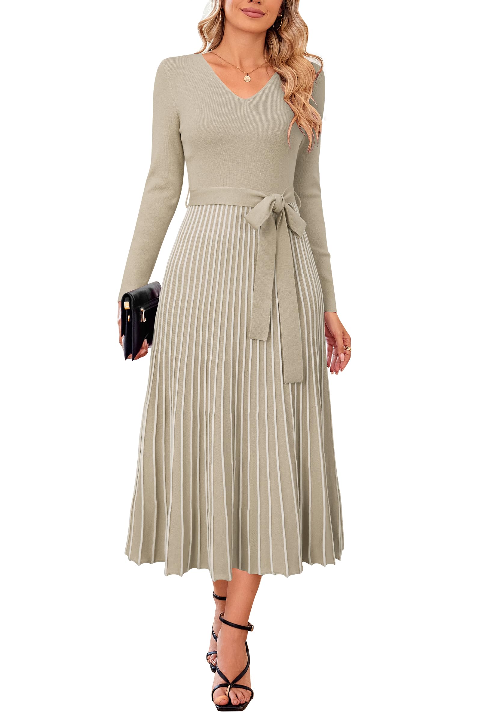 Arach&Cloz Women's Wool Blend Tie Waist Pleated Fall Sweater Dress 2025