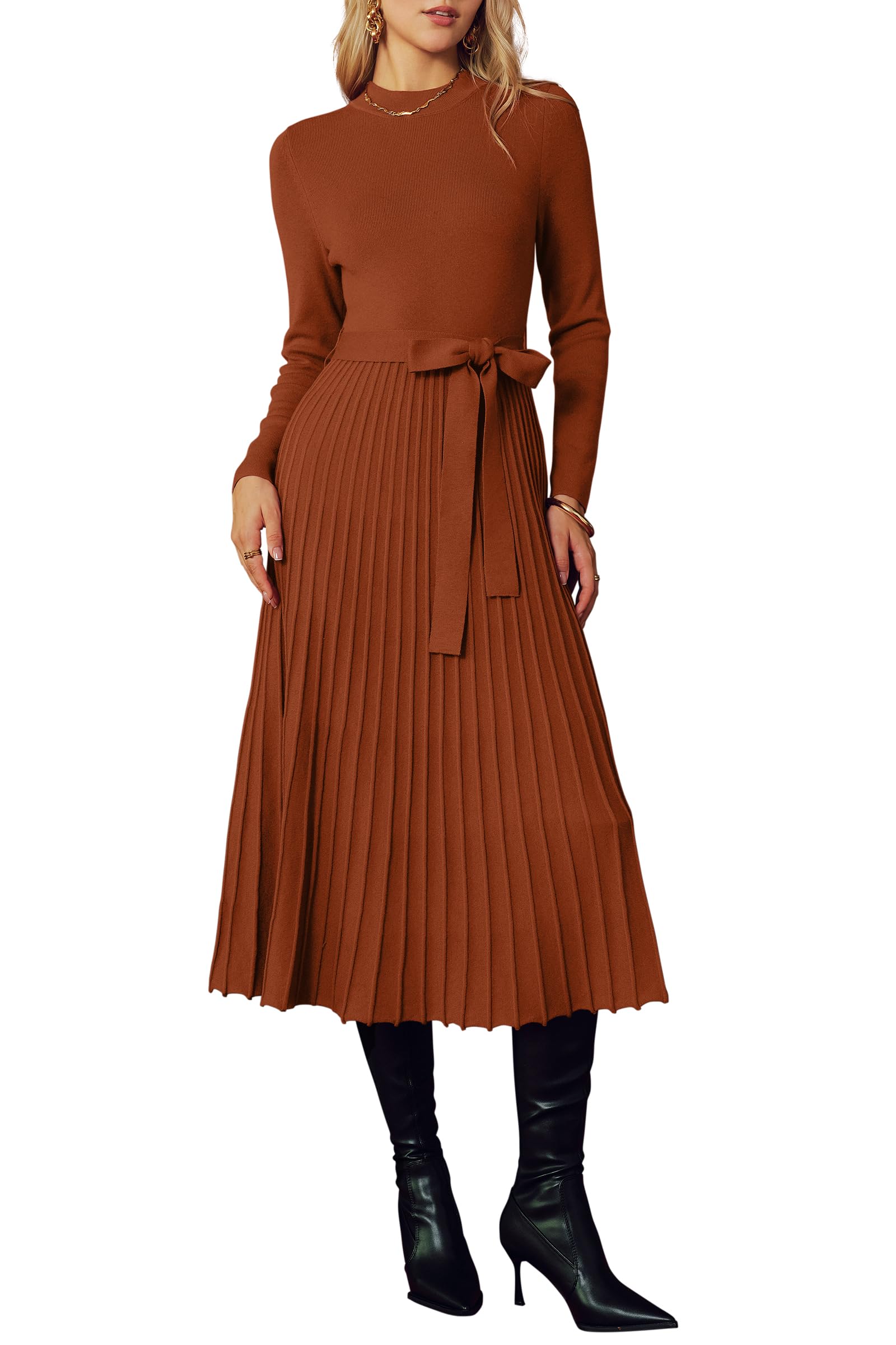 Arach&Cloz Women's Wool Blend Mock Neck Tie Waist Fall Winter Pleated Sweater Dress 2025