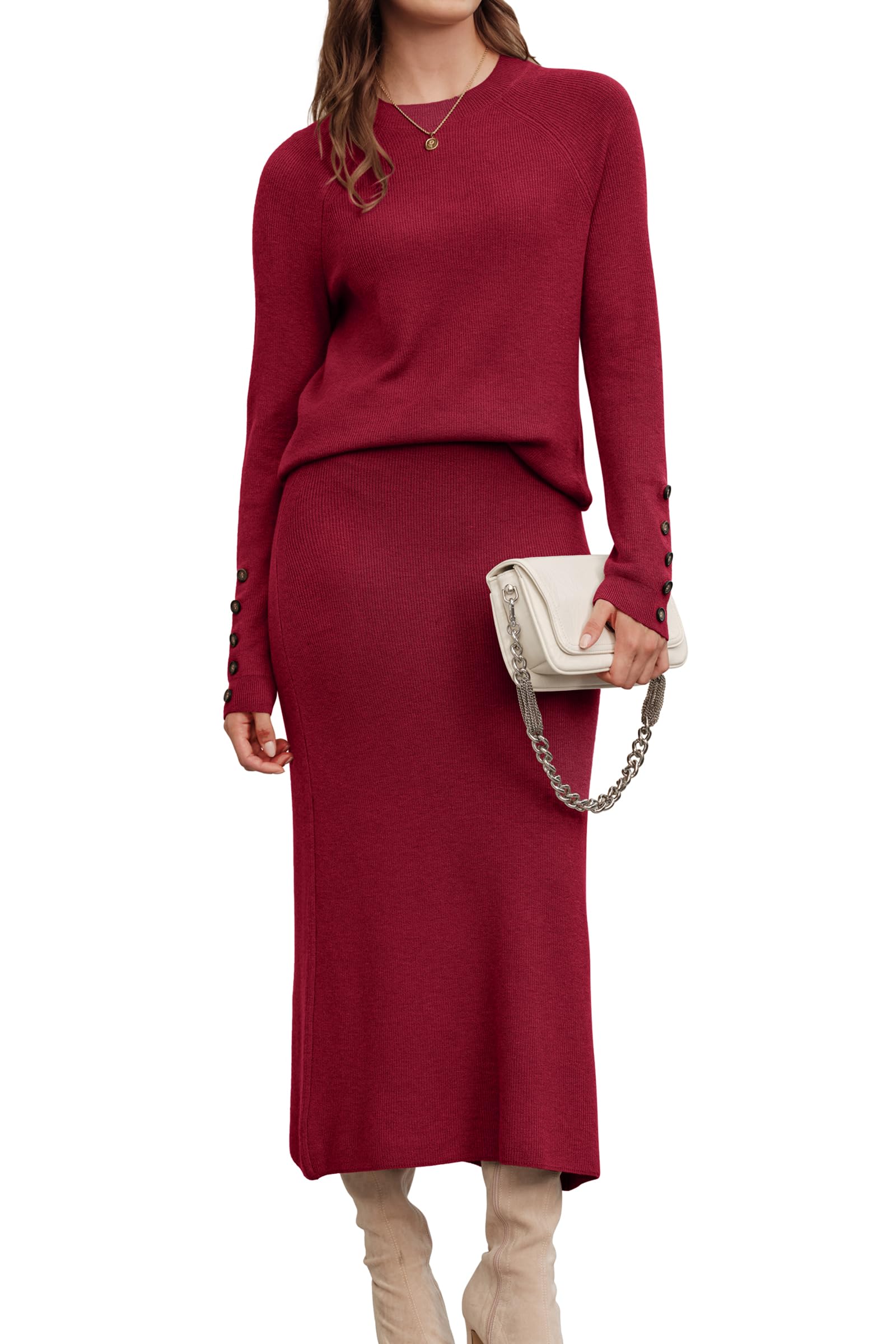 Arach&Cloz Women's Wool Blend Sweater 2 Piece Sets Winter Business Long Sleeve Top Midi Skirts Outfits 2025