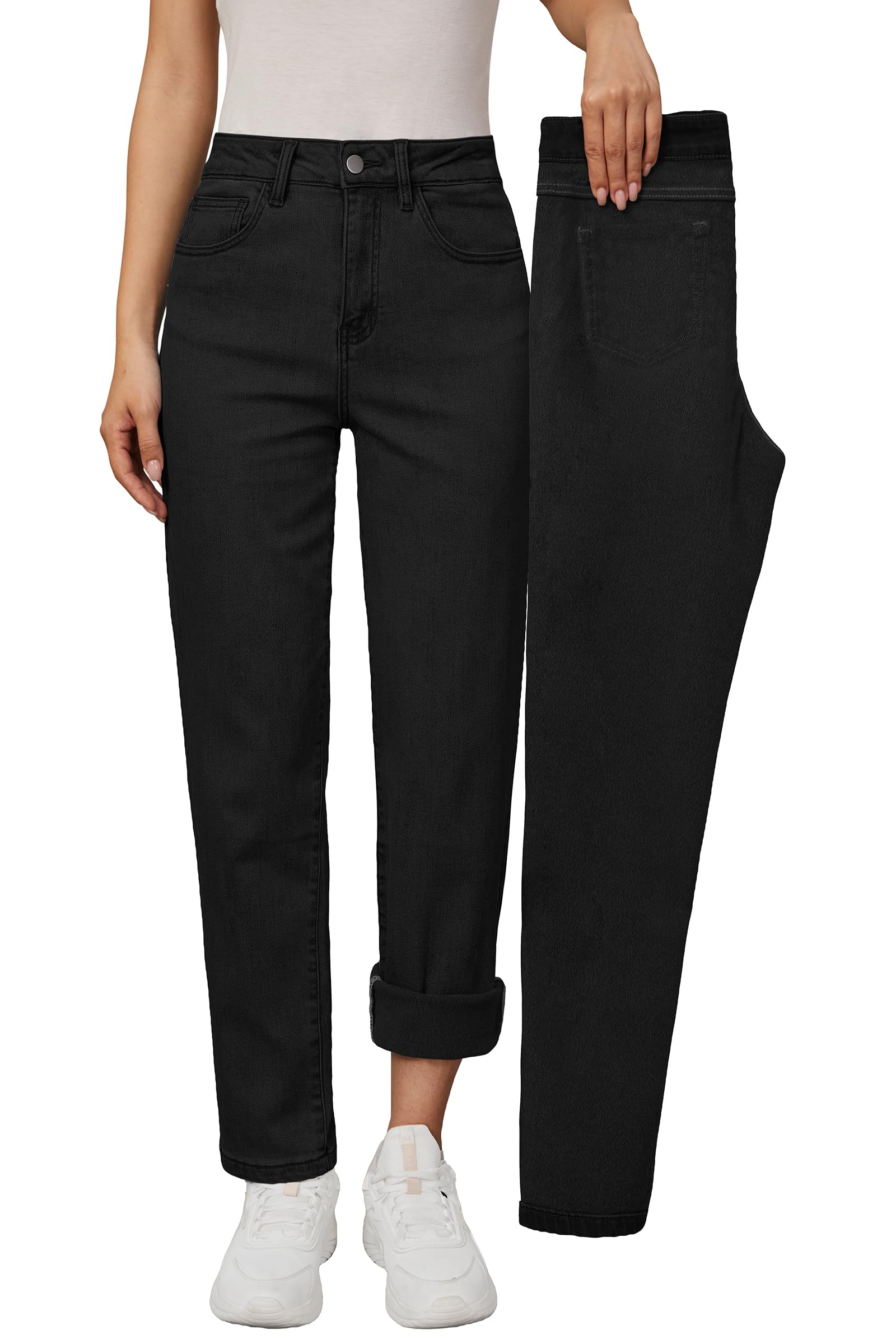 Arach&Cloz Women's Thin Fleece Lined Jeans High Waisted Stretch Warm Straight Leg Pants 2025