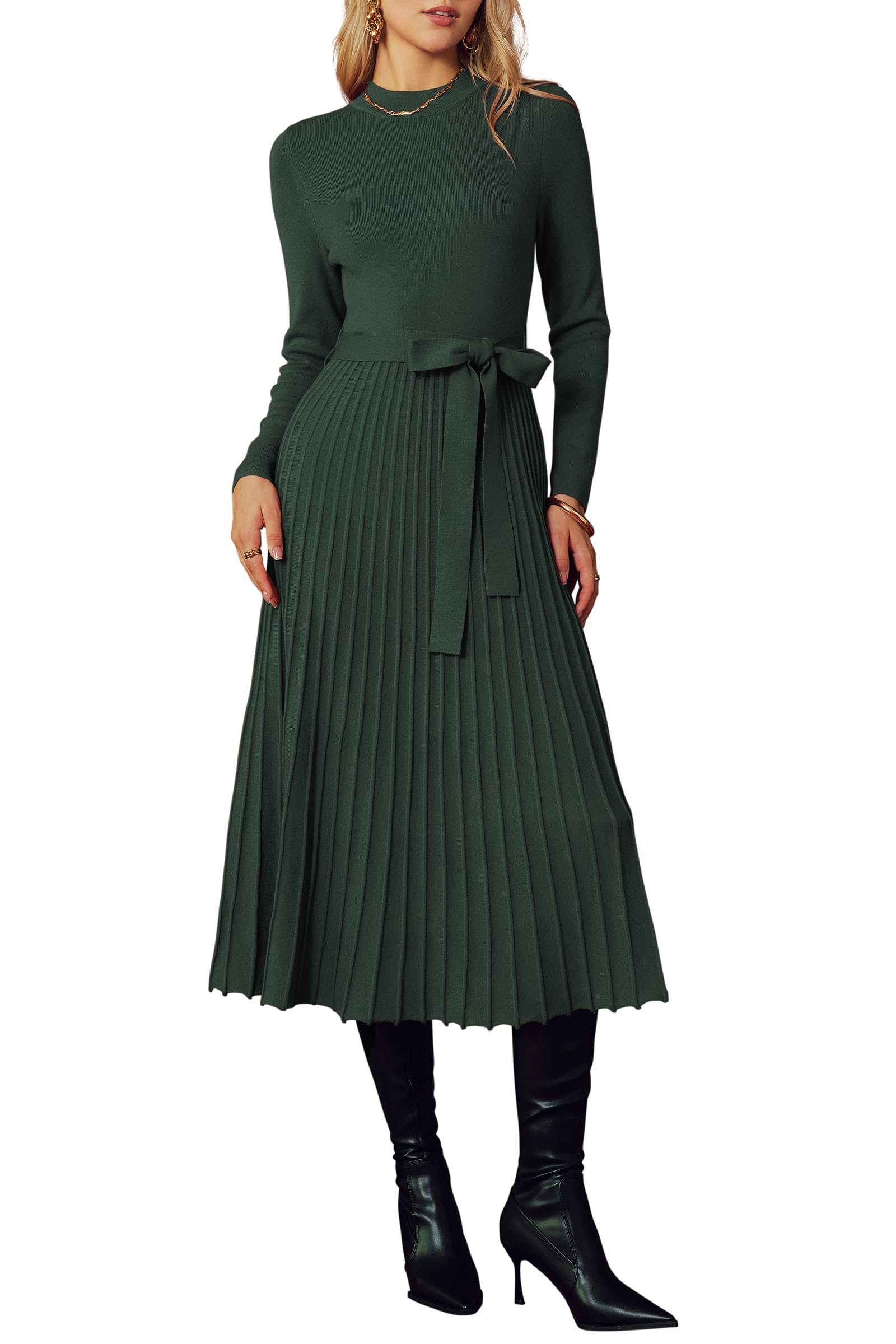 Arach&Cloz Women's Wool Blend Mock Neck Tie Waist Fall Winter Pleated Sweater Dress 2025