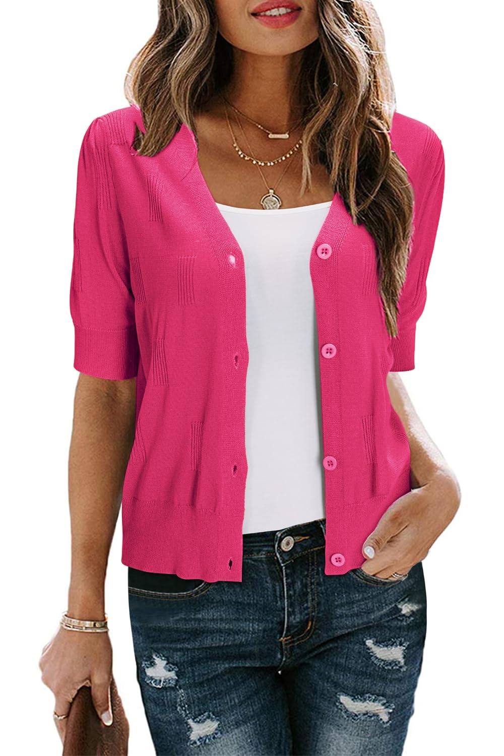 Arach&Cloz Women's Lightweight Summer Business Casual Cropped Short Sleeve Cardigan