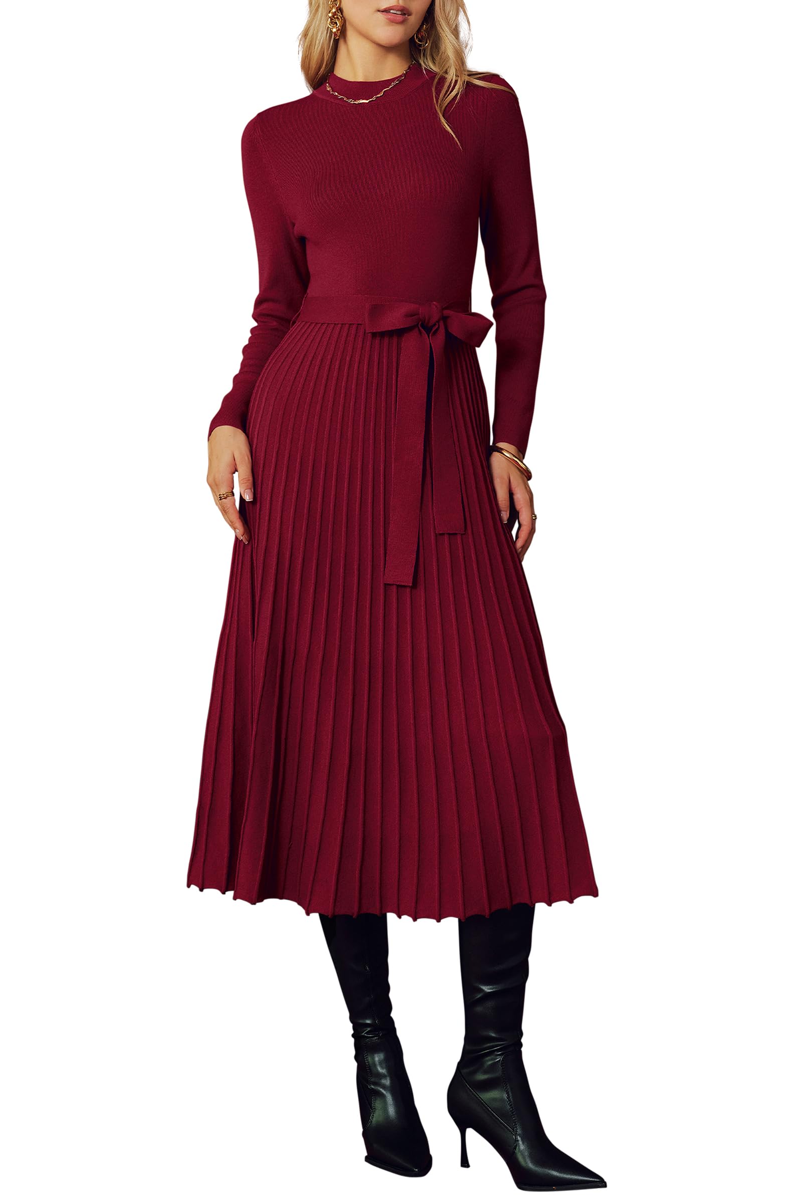 Arach&Cloz Women's Wool Blend Mock Neck Tie Waist Fall Winter Pleated Sweater Dress 2025