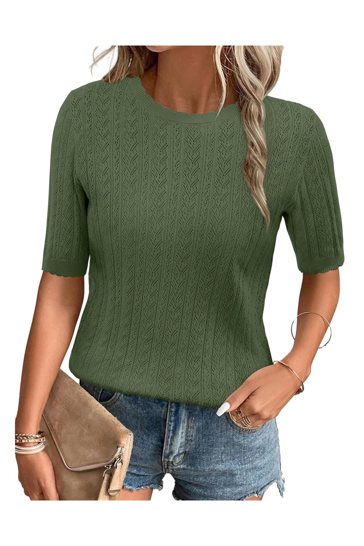 Arach&Cloz Women's Summer Fall Scalloped Lace Cuff Crewneck Tops Textured Shirts