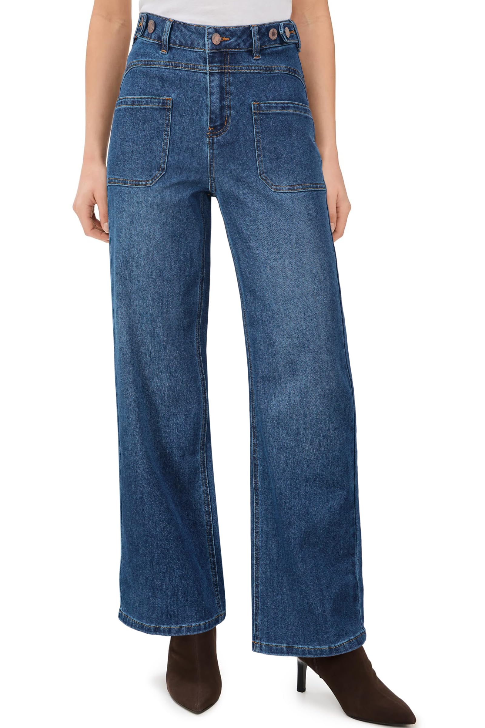 Arach&Cloz Women's Stretchy Denim Adjustable Waist Buttons High Waisted Wide Leg Jeans 2025