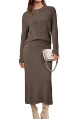Arach&Cloz Women's Wool Blend Sweater 2 Piece Sets Winter Business Long Sleeve Top Midi Skirts Outfits 2025
