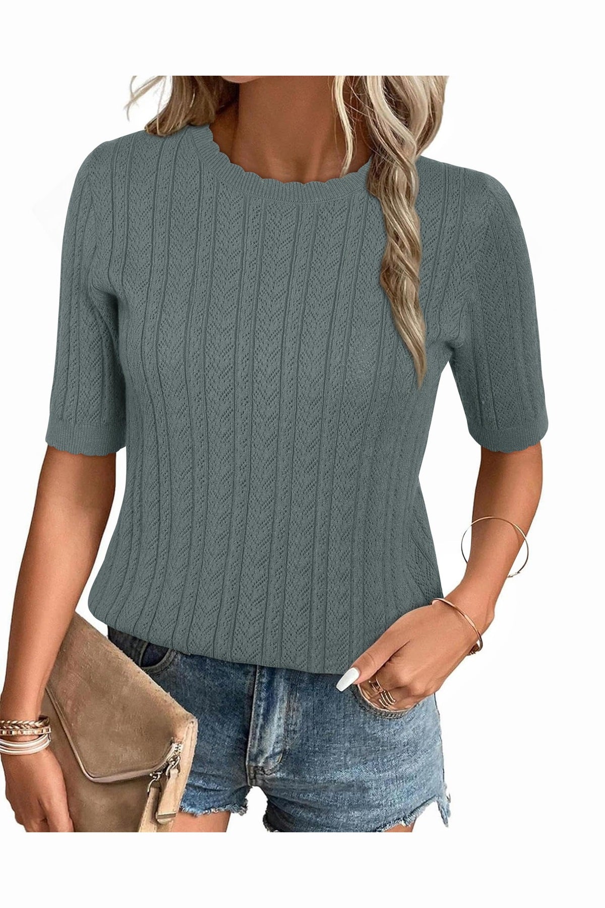 Arach&Cloz Women's Summer Fall Scalloped Lace Cuff Crewneck Tops Textured Shirts