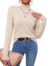 Arach&Cloz Wool-Blend Foldover Turtleneck Pullover — Beige, front view styled with blue jeans