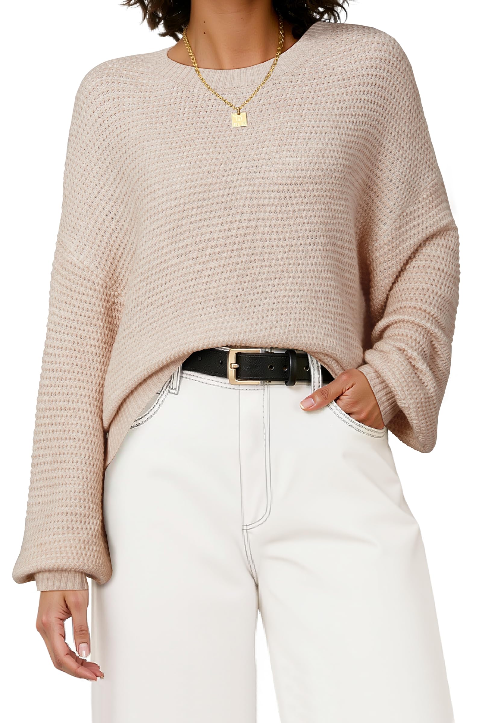 Arach&Cloz Women's Wool Blend Crewneck Fall Trendy Oversized Waffle Sweaters 2025