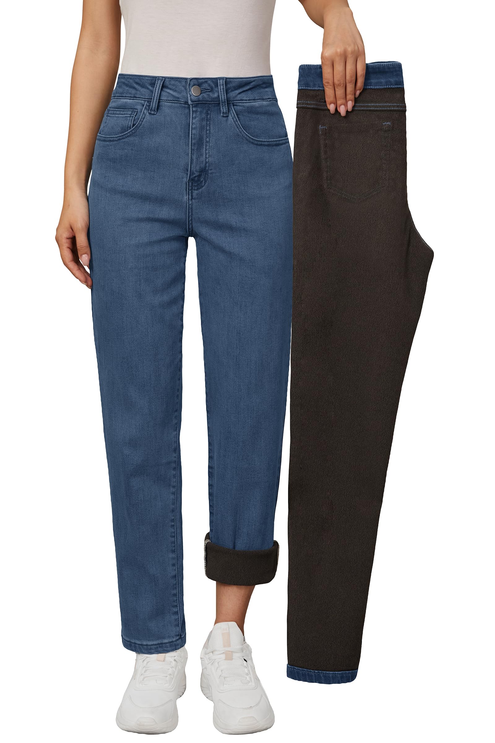 Arach&Cloz Women's Thin Fleece Lined Jeans High Waisted Stretch Warm Straight Leg Pants 2025