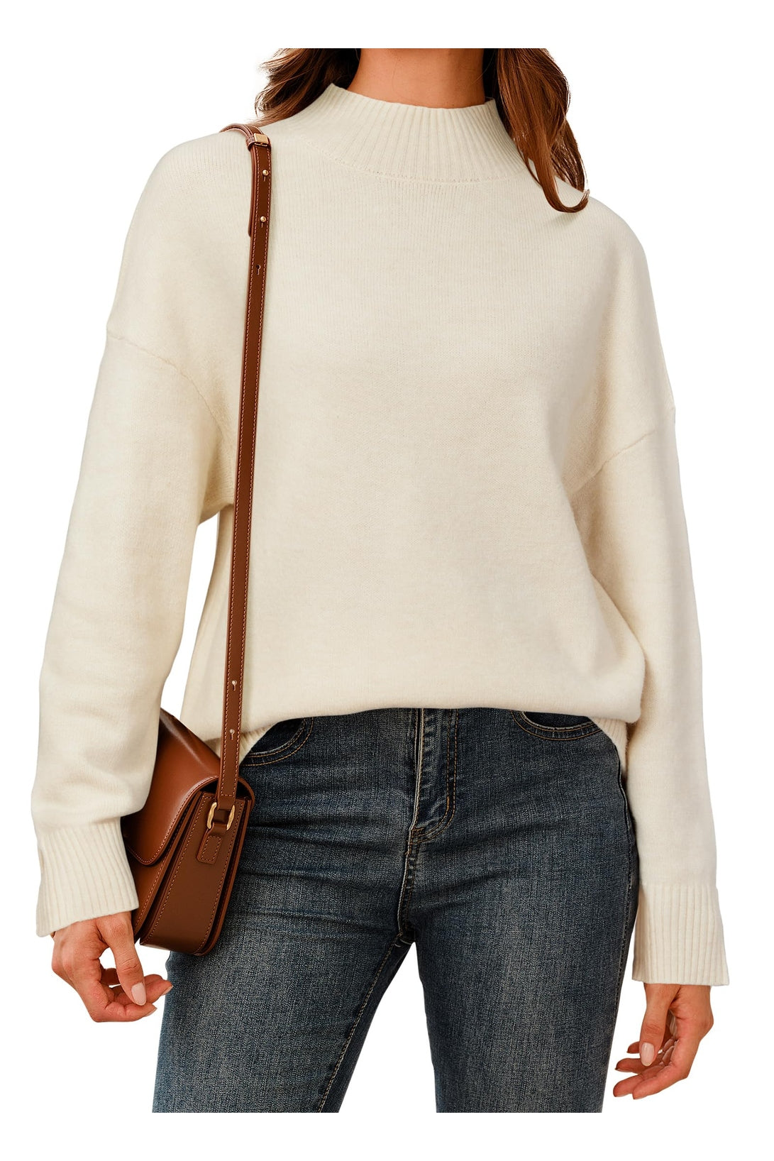 Arach&Cloz Women's Wool Blend Soft Mock Neck Casual Oversized Fall Sweater