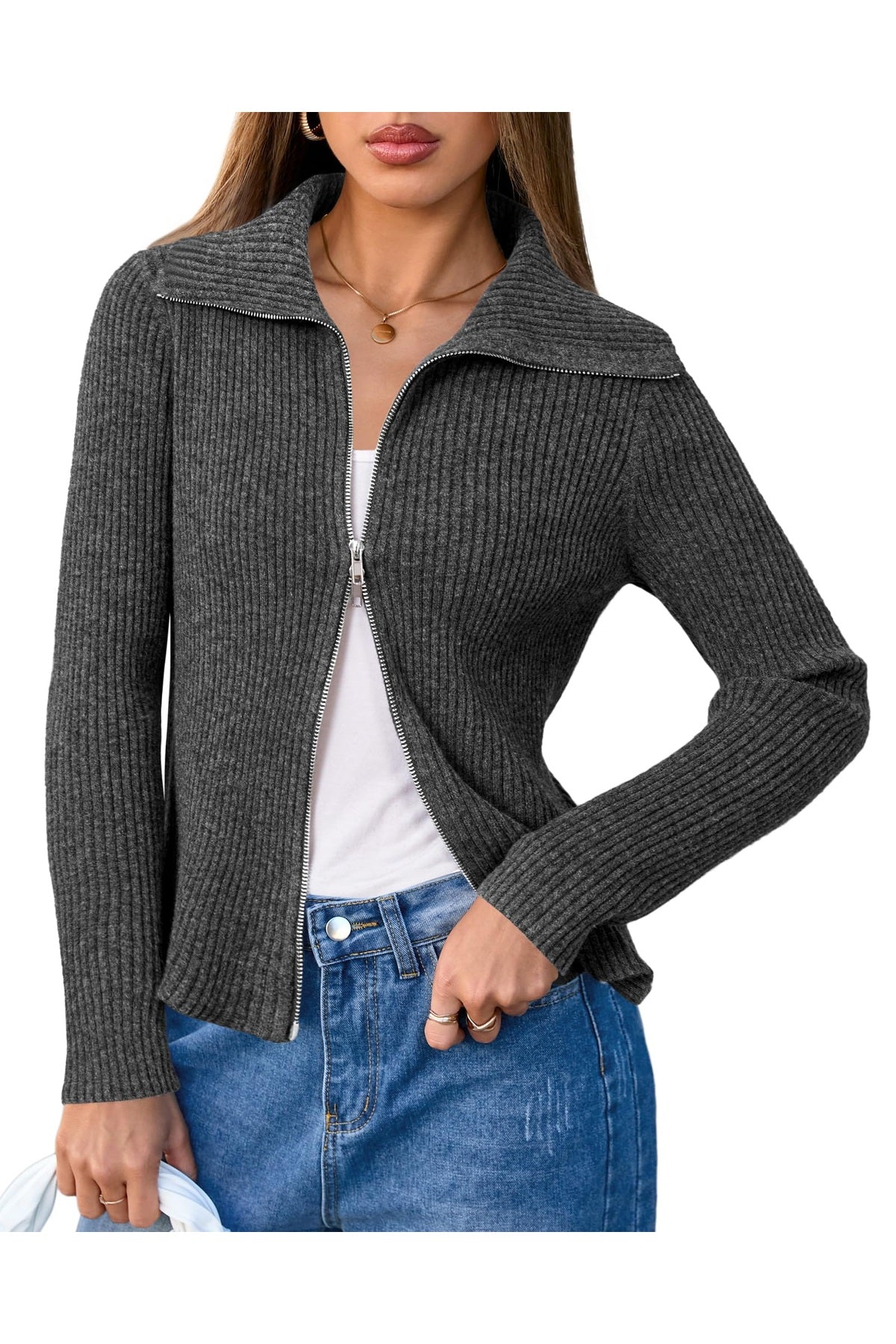 Arach&Cloz Women's Wool Blend Fall Fashion Zip Up Cardigan Sweaters 2025 Trendy